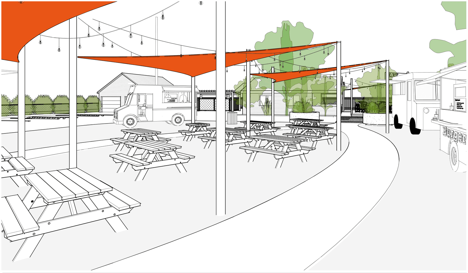 Ground-level 3D rendering of the EatYakima seating area with shade sails, string lights, picnic tables, and food trucks.