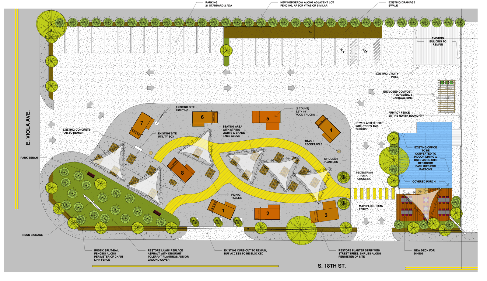 Concept site plan for EatYakima at 1514 & 1526 S 18th St showing eight food truck spaces, a shaded food pod seating area, a landscaping bed, 21-space parking lot, and the existing building used for restrooms and indoor dining.